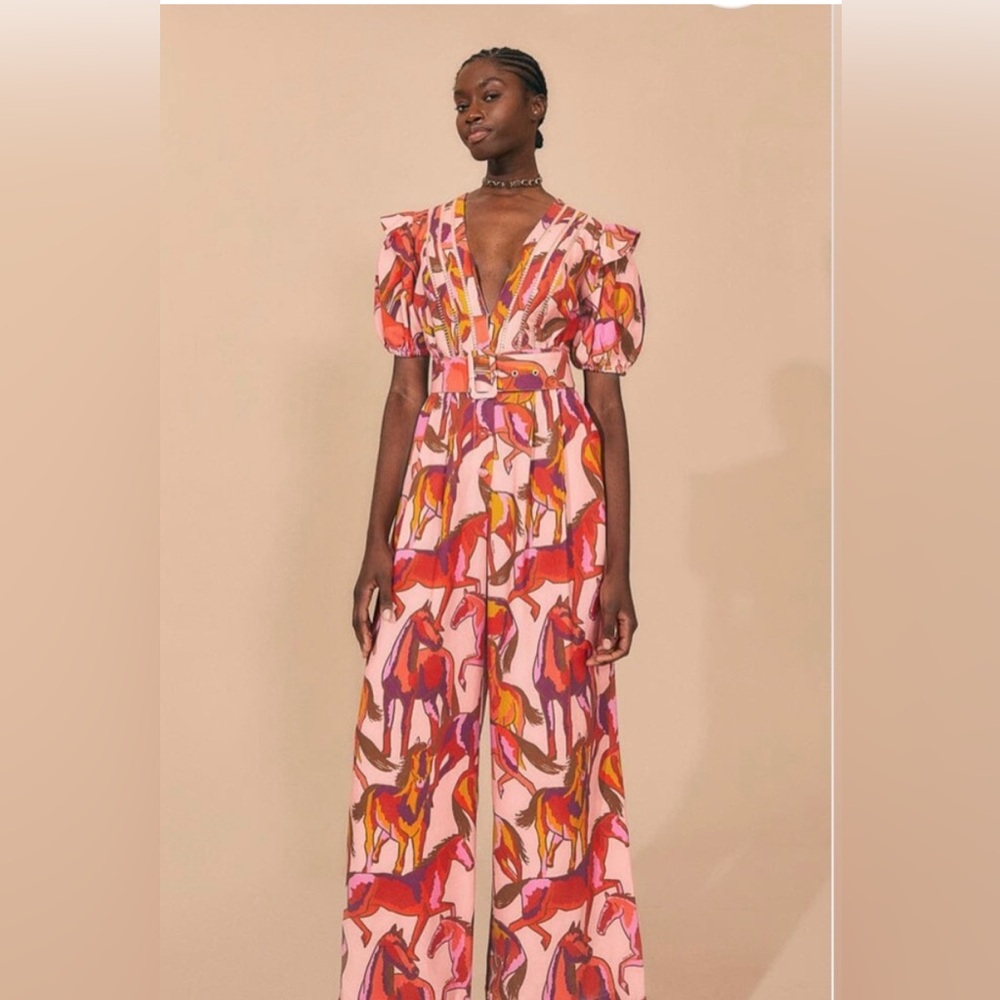 NWT Farm Rio Rose Wild Horses Pleated Short Sleeve Jumpsuit Medium